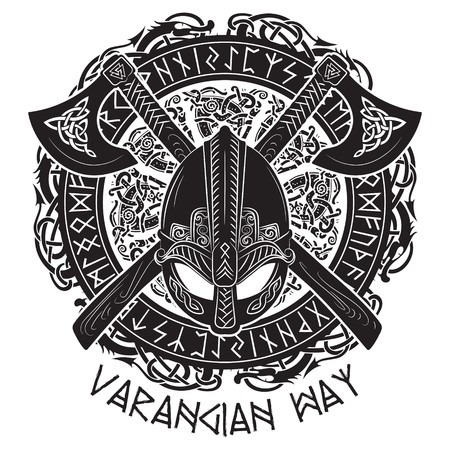 450x450 Viking Helmet, Crossed Viking Axes And In A Wreath Of Scandinavian