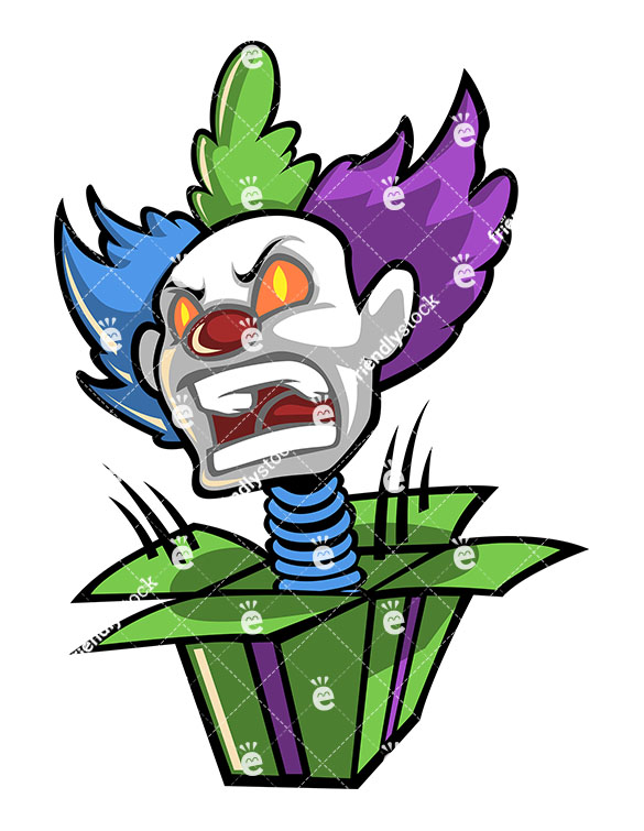 Scary Clown Head Jumping Out On A Spring From A Surprise Box 585x755 Scary Clown Head Jumping Out On A Spring From A Surprise Box