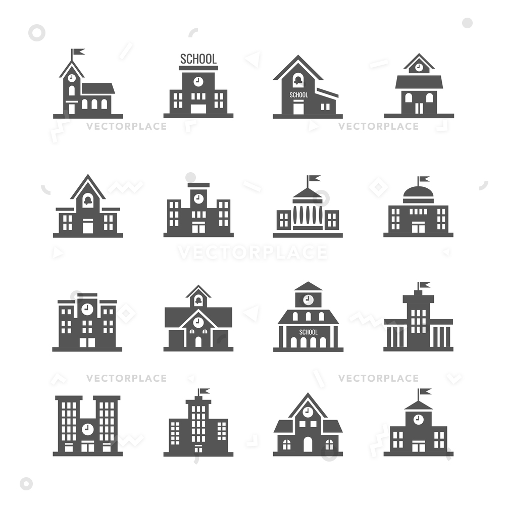 1000x1000 School Building Icons Set Urban Architecture Vector Illustration