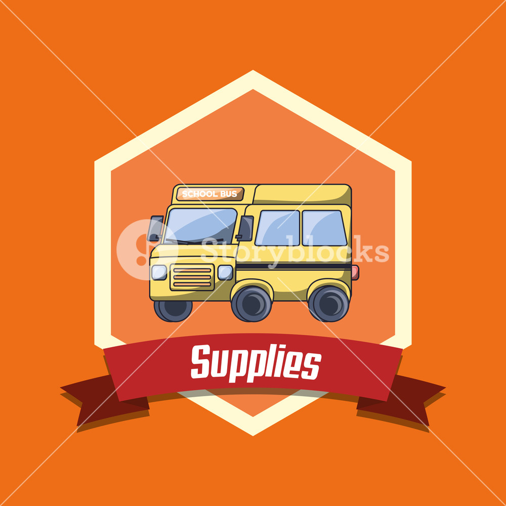 1000x1000 School Supplies Emblem With School Bus Icon Over Orange Background