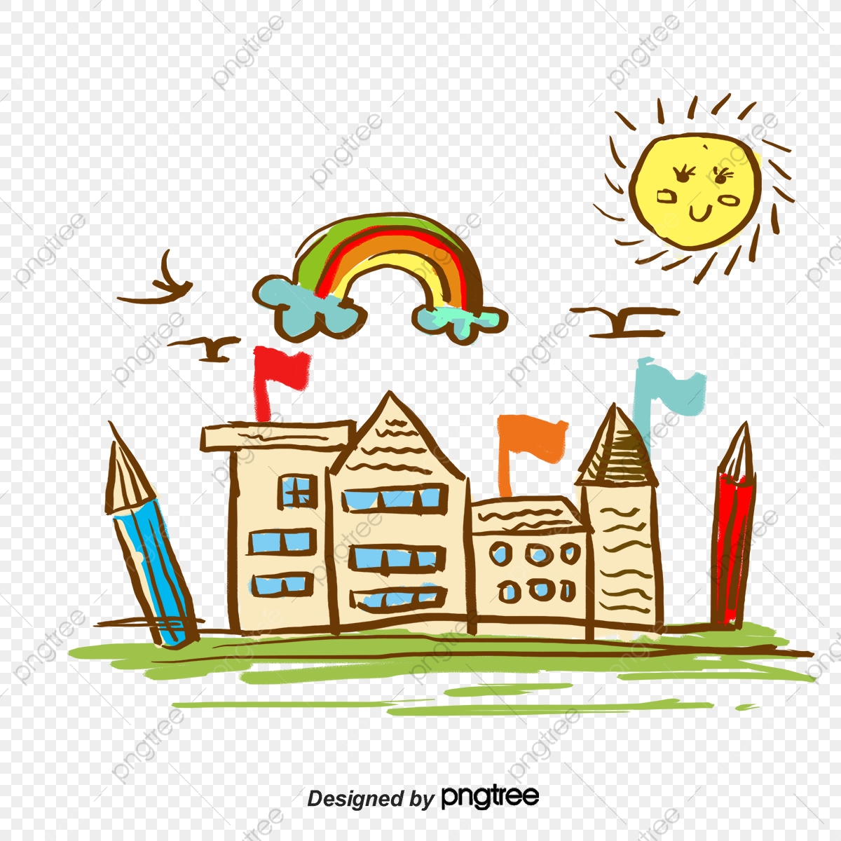 1200x1200 Cartoon School Building, School Clipart, Building Clipart, Sun Png