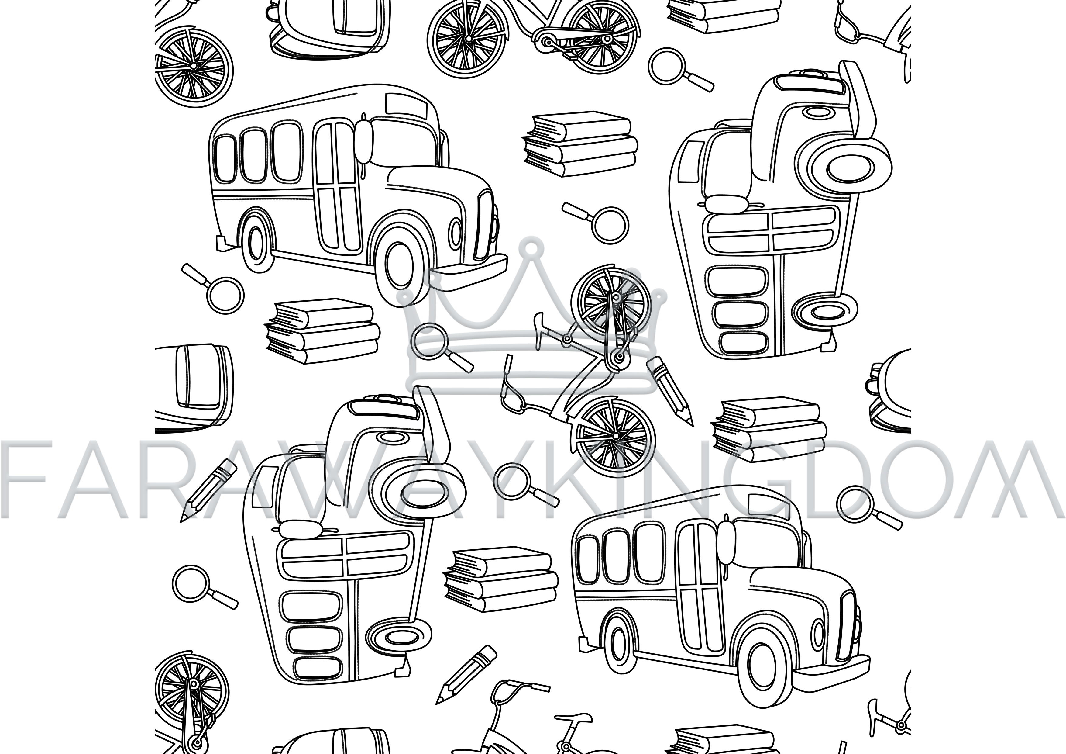 3508x2480 School Bus And Bike White Seamless Pattern Vector Illustration