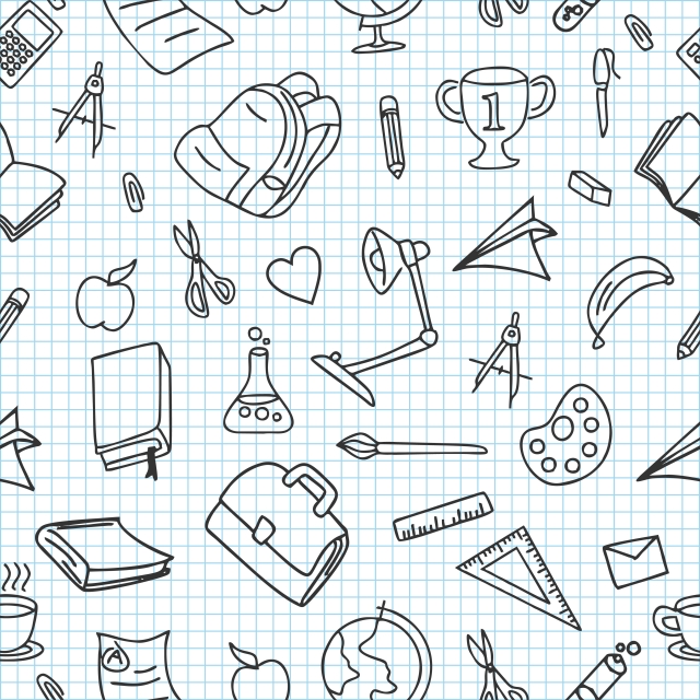 640x640 School Doodle Seamless Pattern With Book Pencil Globe Bag Ruler