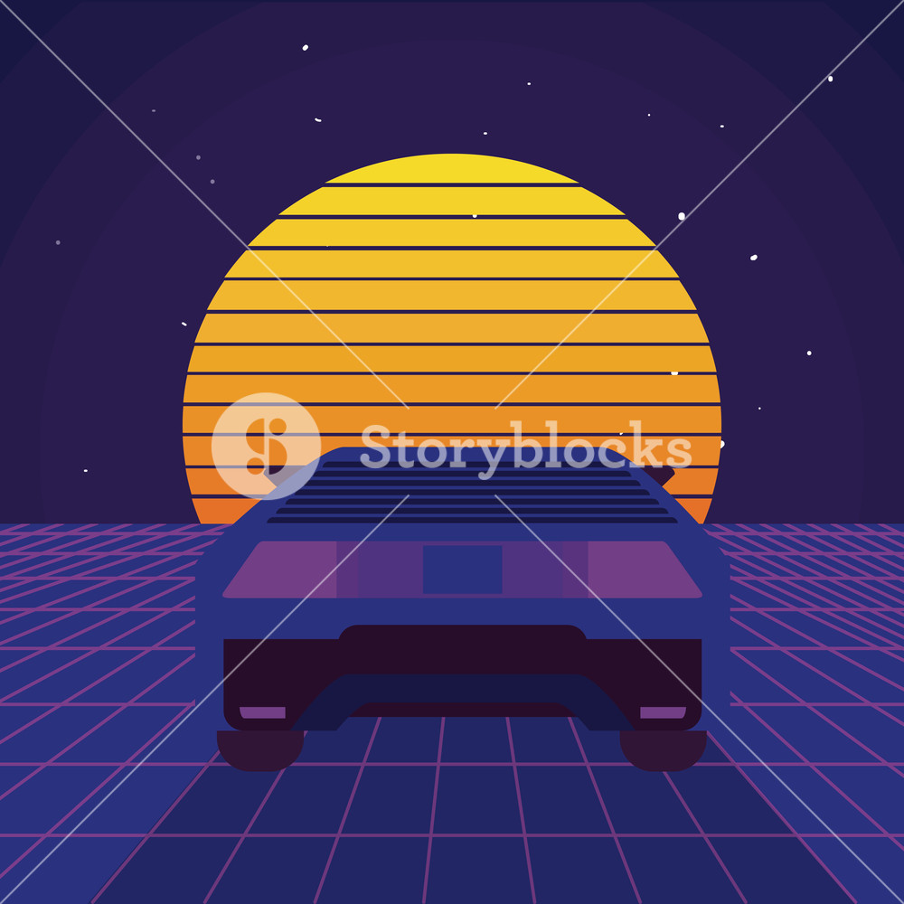 1000x1000 Retro Sci Fi Car On Road Background Scenery Vector Illustration