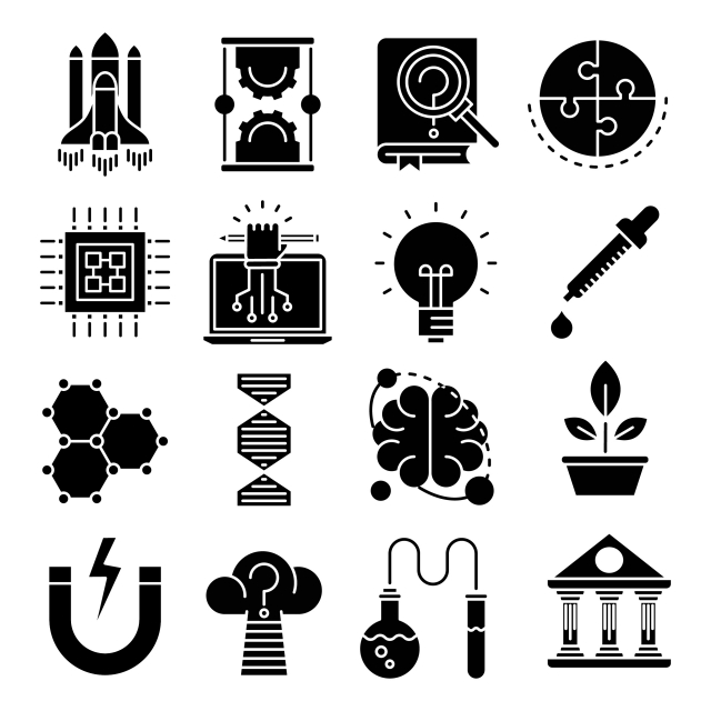 640x640 Science Vector Solid Icons Set, Archeology, Building, Astronomy
