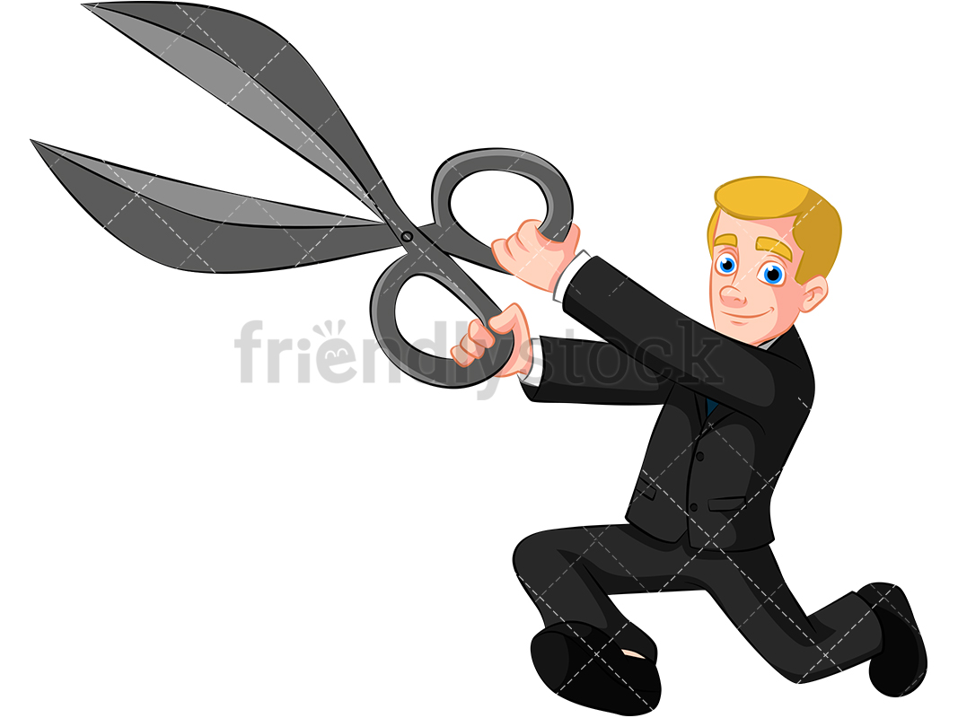 1067x800 Business Man Holding Scissors Vector Cartoon Clipart