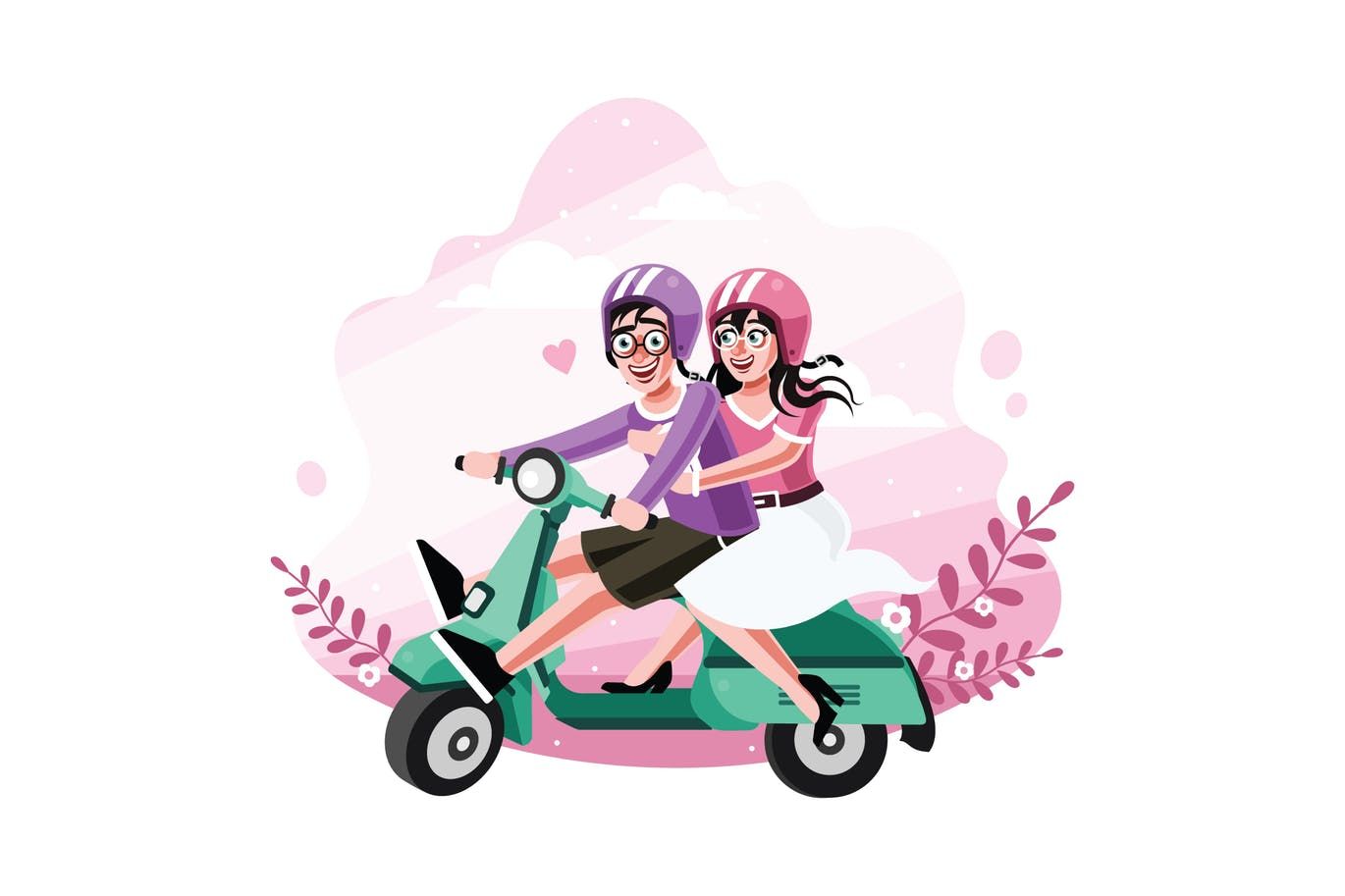 Couple Ride Scooter Vector Illustration Download Vector 1370x913 Couple Ride Scooter Vector Illustration Download Vector