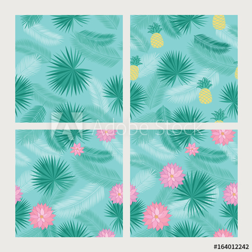500x500 Set Of Summer Seamless Patterns With Tropical Leaves, Pineapples