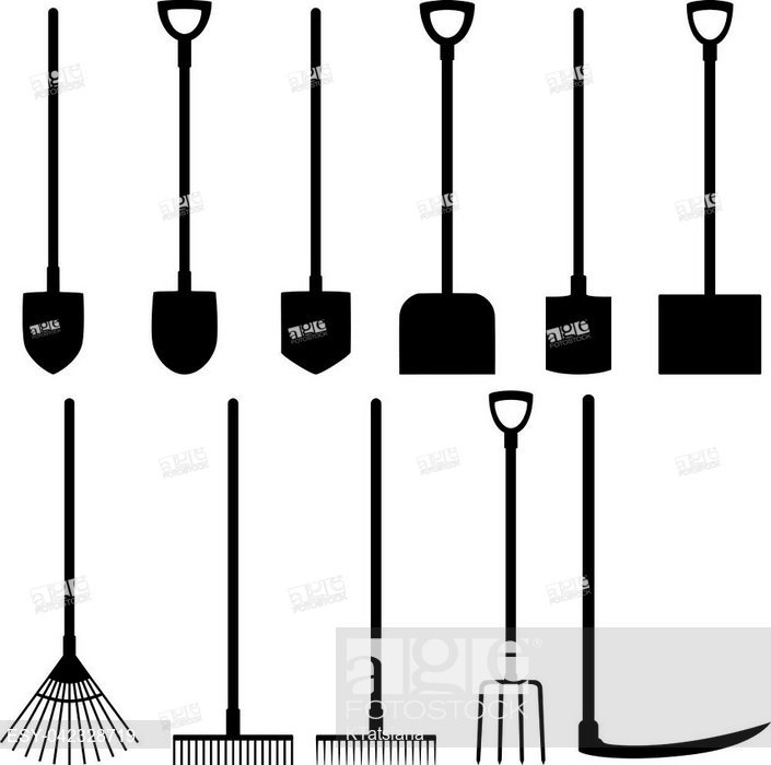 Set Of Icons Of Shovels, Rakes, Fork, Scythe, Vector Illustration 705x700 Set Of Icons Of Shovels, Rakes, Fork, Scythe, Vector Illustration