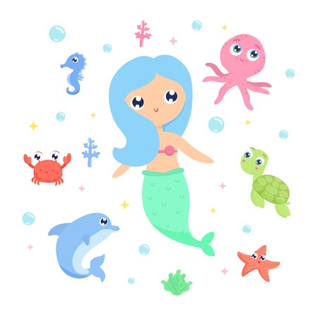 450x450 Mermaid With Sea Animals Vector Illustration Royalty Free Vector