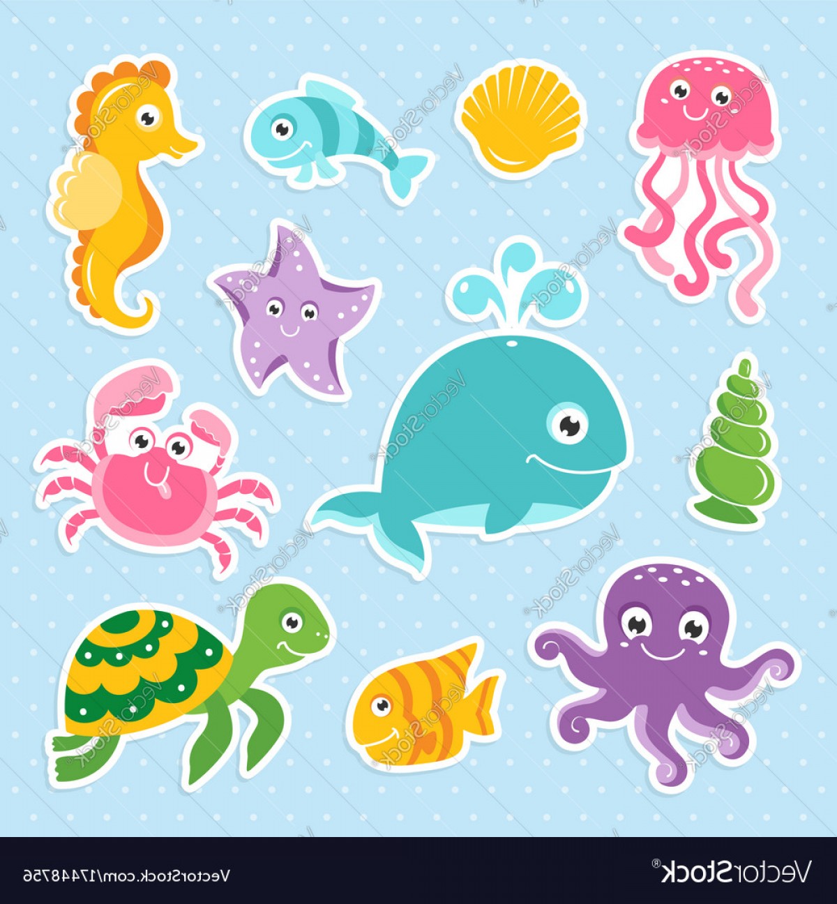 1200x1296 Ocean Set With Cute Sea Animals Vector Handandbeak