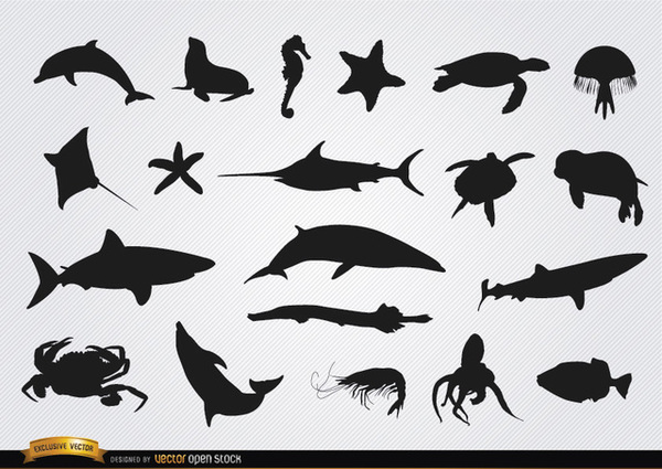 600x425 Sea Animals Silhouettes Set Free Vector