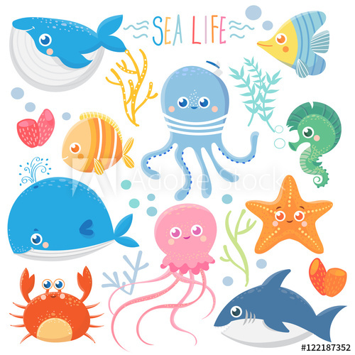 500x500 Sea Life Set With Funny Sea Animals Vector Collection