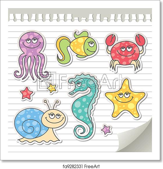 561x581 Free Art Print Of Sea Creatures Set Of Cartoon Sea Creatures