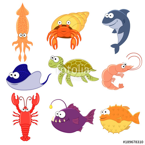 500x500 Big Vector Set Of Sea Creatures Cute Cartoon Animals Vector