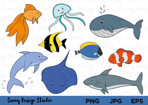 570x407 Cute Cartoon Ocean Animals Clipart Sea Creatures Clip Art Etsy