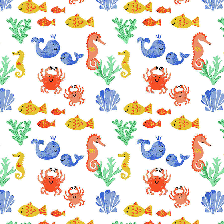 Childrens Sealife Vector Multi Fish Motif On White Painting 900x900 Childrens Sealife Vector Multi Fish Motif On White Painting