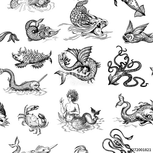 500x500 Mythological Vintage Sea Monster Monochrome Hand Drawn Sketch