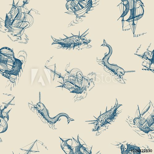 500x500 Old Caravel, Vintage Sailboat, Sea Monster Vector Seamless
