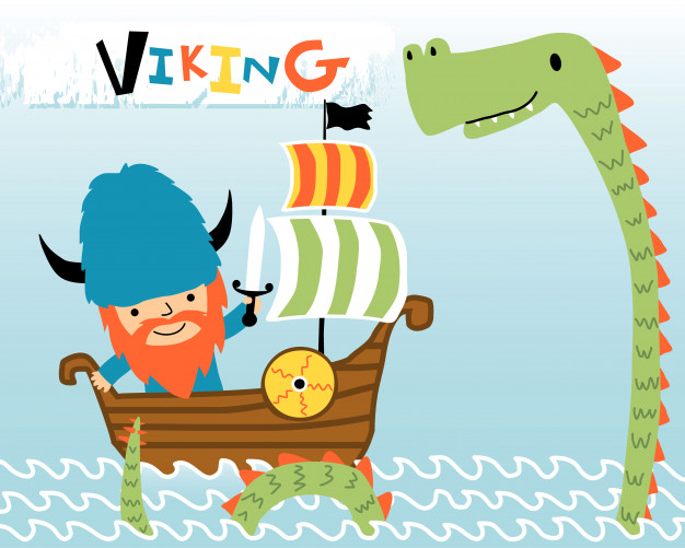 626x501 Cartoon Of Viking On Sailboat With Sea Monster Vector Premium