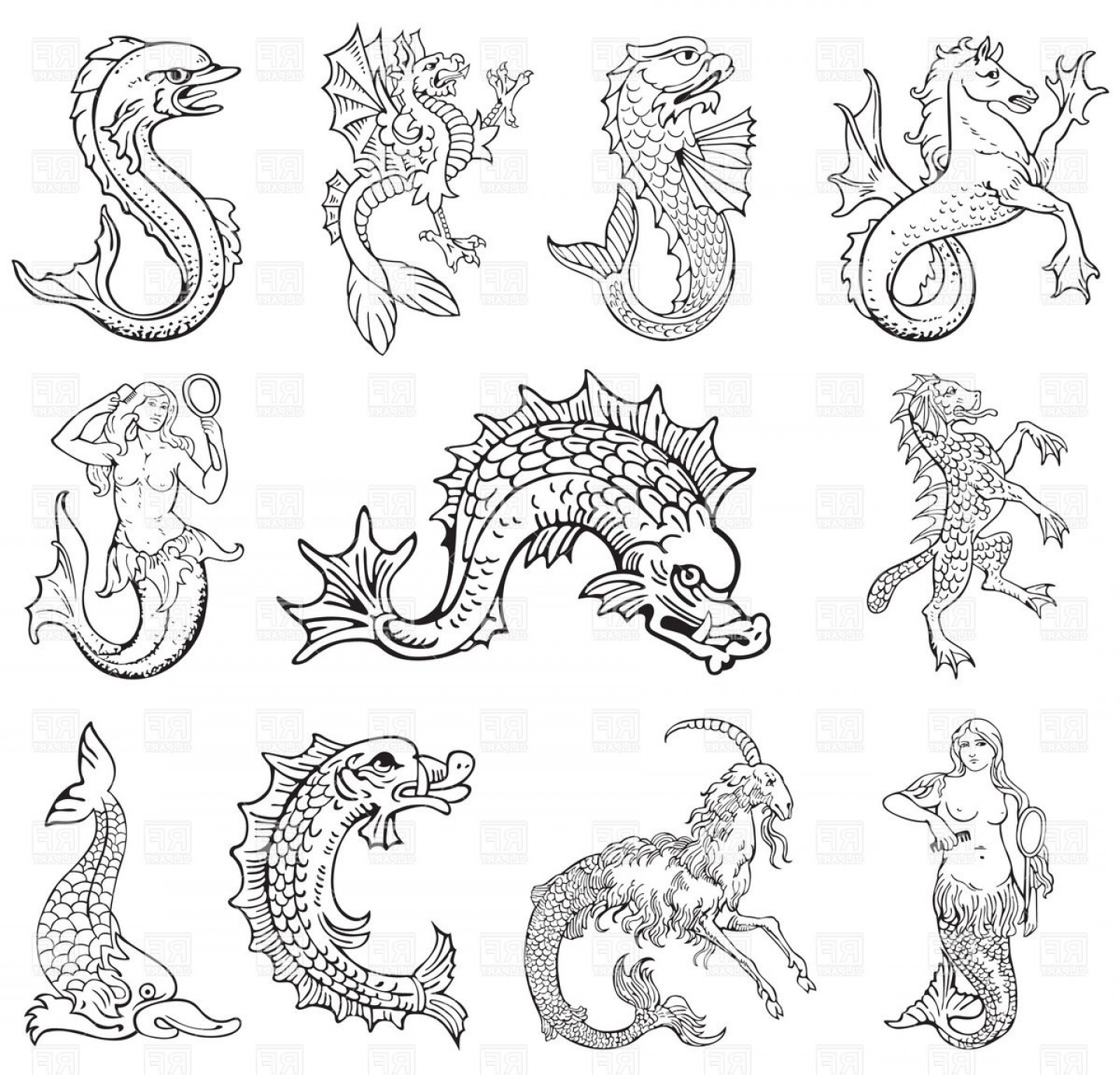 1440x1383 Heraldic Sea Monsters Wyvern Siren And Other Vector Clipart