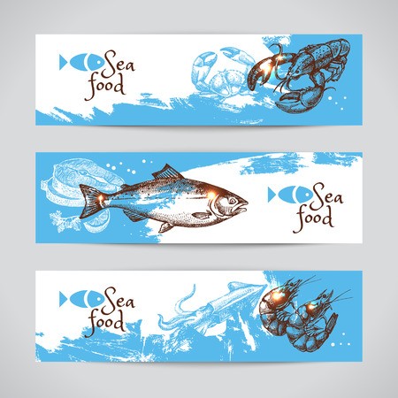 Hand Drawn Sketch Seafood Vector Banners Sea Background Set Menu 450x450 Hand Drawn Sketch Seafood Vector Banners Sea Background Set Menu