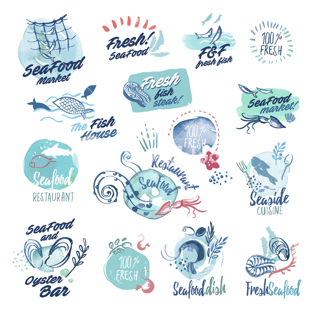 Set Of Hand Drawn Watercolor Labels And Badges Of Seafood Vector 1000x1000 Set Of Hand Drawn Watercolor Labels And Badges Of Seafood Vector