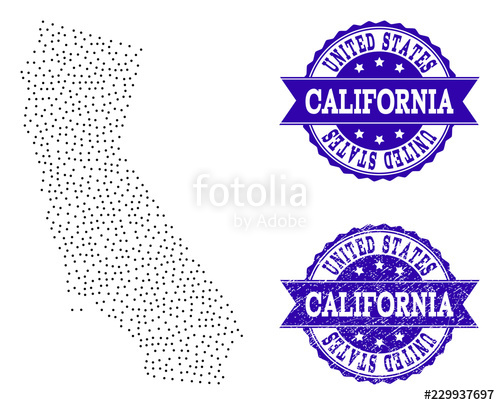 500x405 Dotted Black Map Of California And Blue Unclean Seal Vector Map