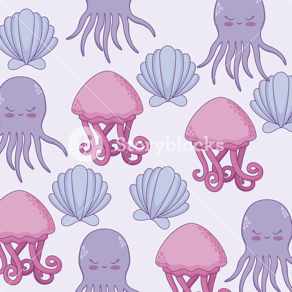 1000x1000 Pattern Of Cute Jellyfish And Octopus With Seashell Vector