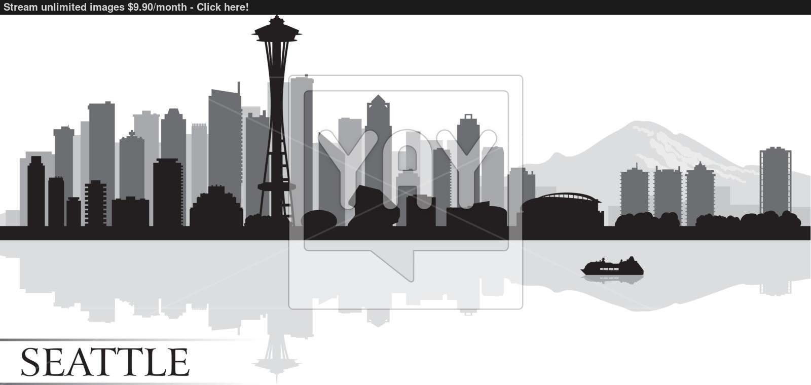 1600x760 Seattle City Skyline Silhouette Background Vector
