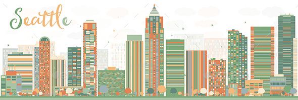 590x199 Vector Building Abstract Seattle City Skyline With Color Buildings