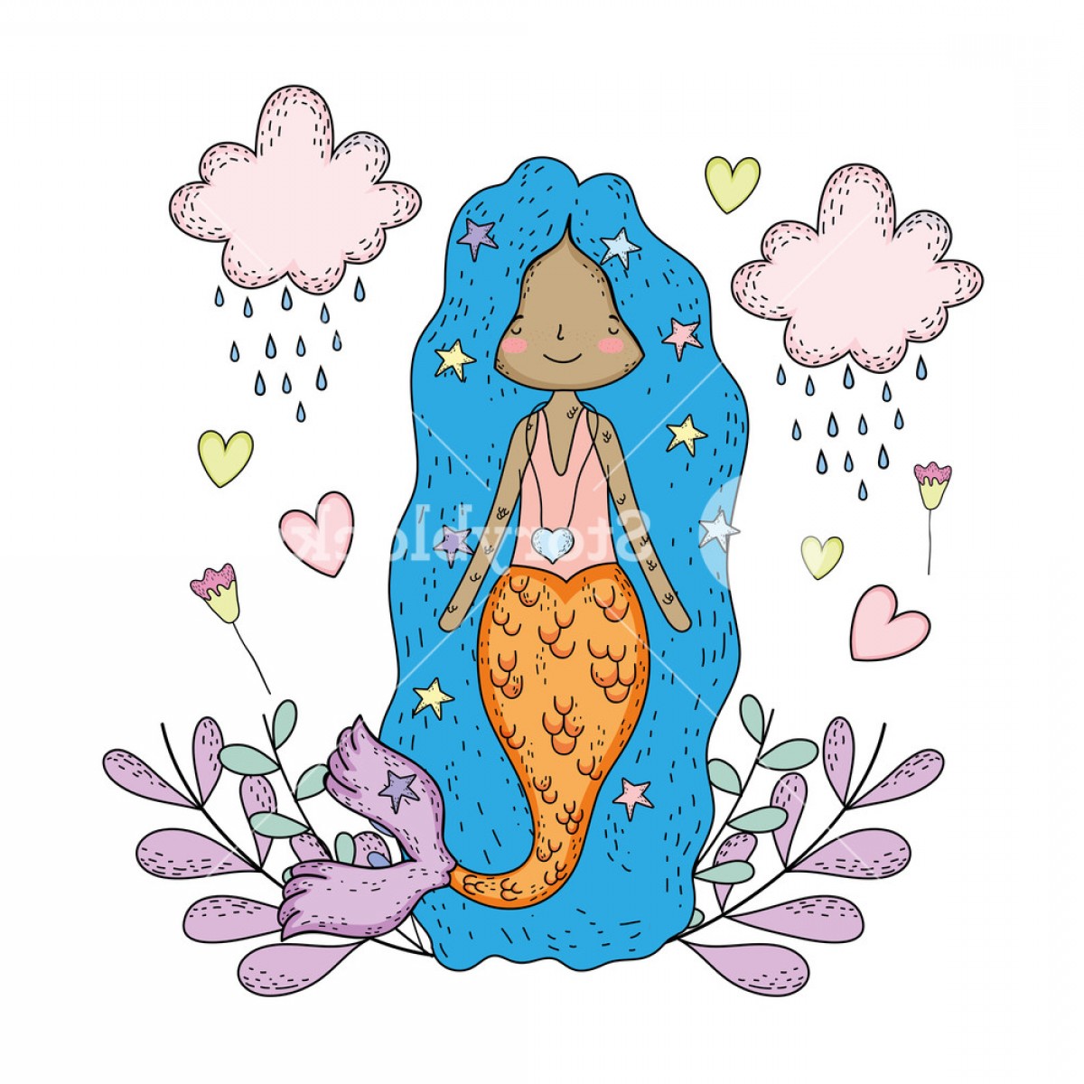 1200x1200 Cute Mermaid Under Sea With Seaweed Vector Illustration Design