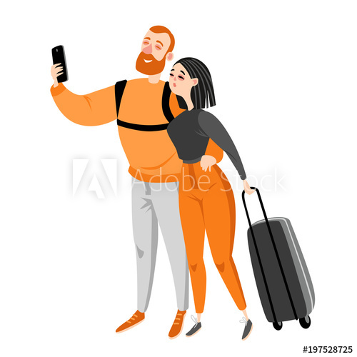 500x500 Happy Couple Travel Together Couple Makes Selfie Vector