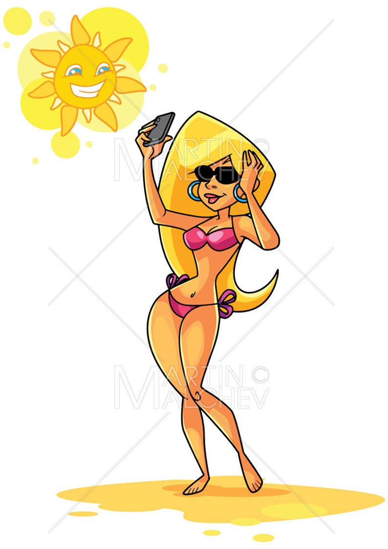 794x1124 Beach Girl Selfie Vector Cartoon Illustration Woman Social Etsy