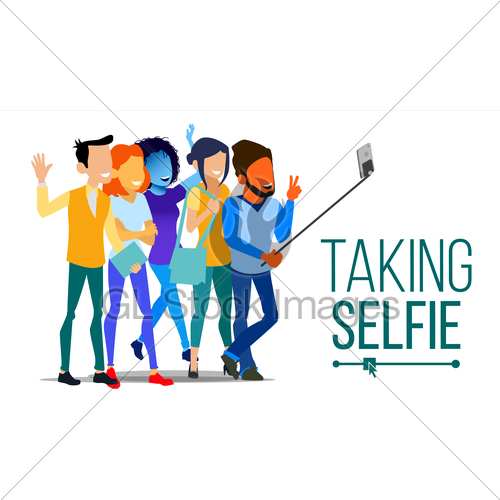 500x500 Taking Selfie Vector Men, Women Laughing Photo Portrait Gl