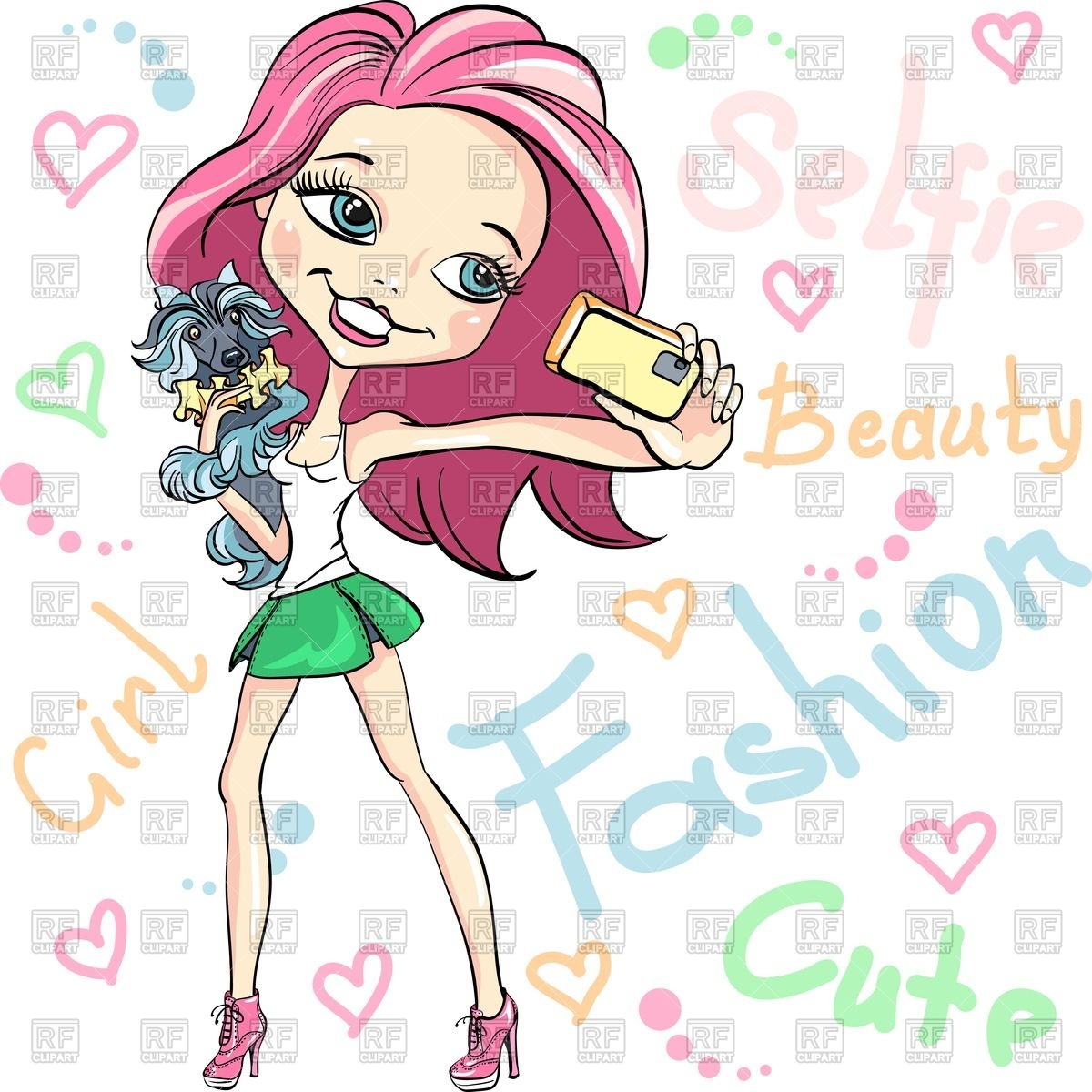 1200x1200 Cute Fashionable Girl With Dog Makes Selfie Vector Image Of People