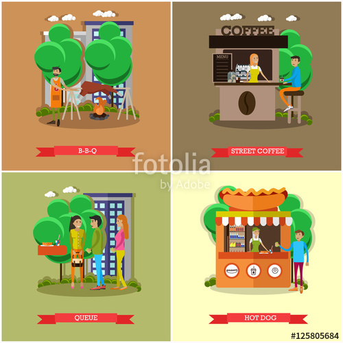 500x500 Street Food Concept Vector Posters People Sell Products