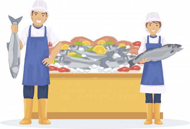 626x426 Two Fishmonger Sell Fresh Fish In The Market Vector Premium Download