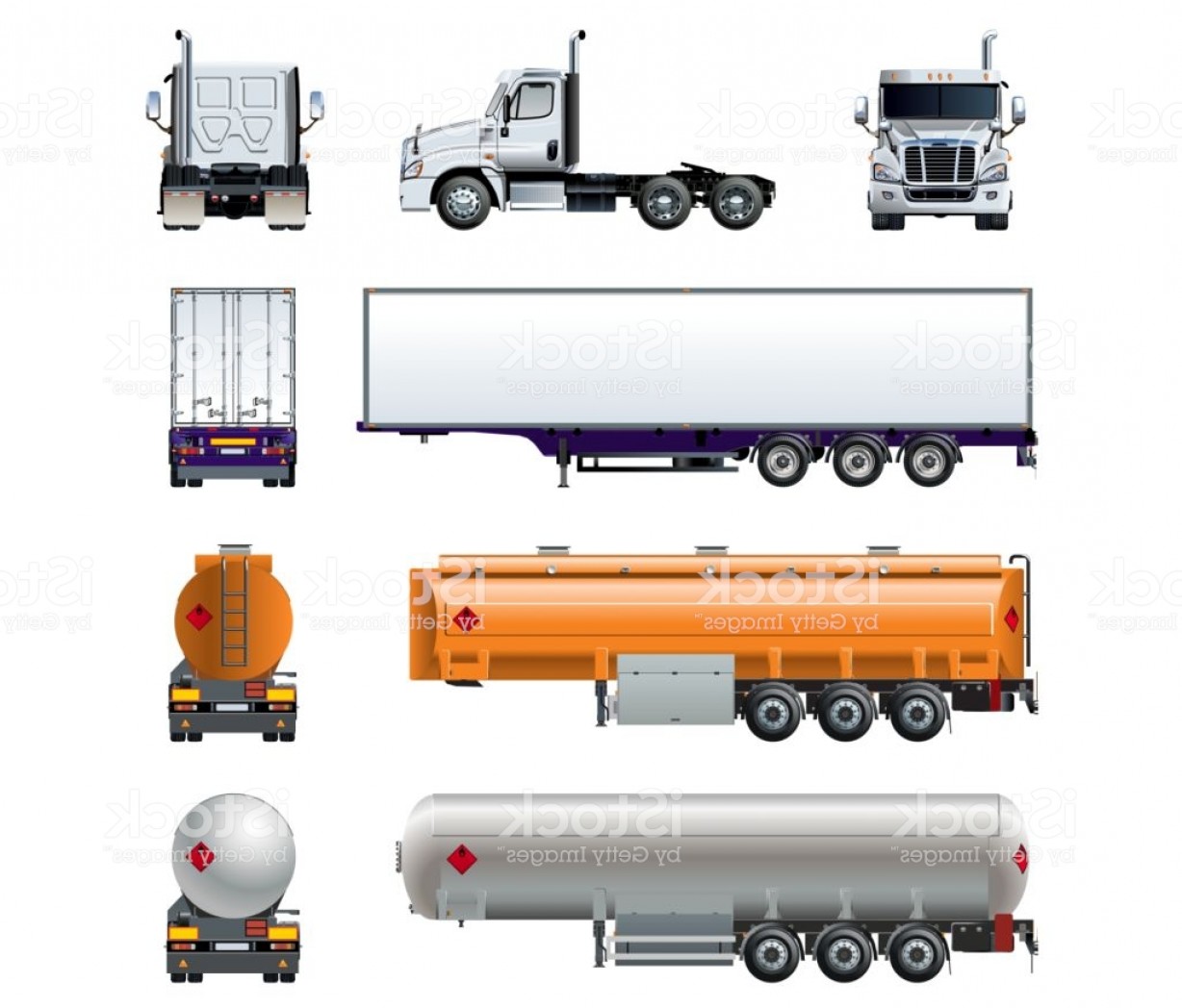 1228x1048 Vector Realistic Semi Truck Mockup Set Isolated On White Gm