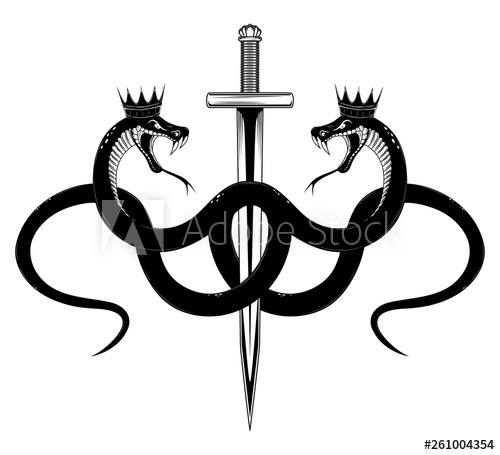 500x455 Vector Image Of A Serpent In A Crown With A Sword Black And White
