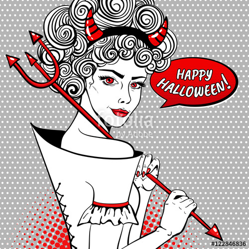 500x500 Happy Halloween! Sexy Devil Smiling Woman With Curly Hair, Red