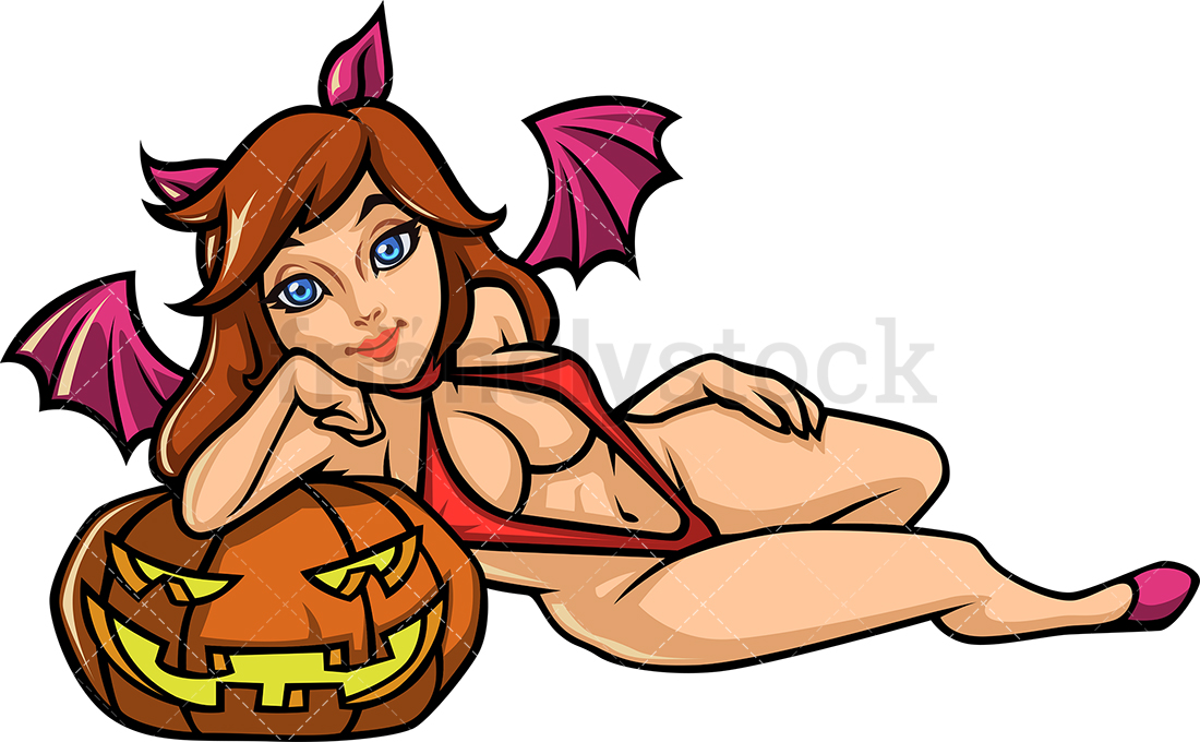 1100x680 Sexy Devil Woman With Halloween Pumpkin Cartoon Clipart Vector