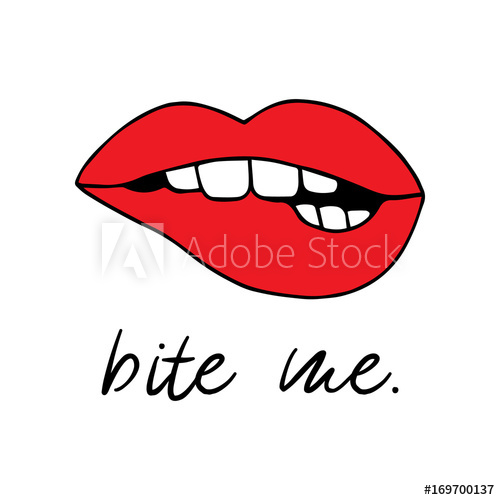 500x500 Red Biting Lips Vector Illustration Drawing, Print With Writing