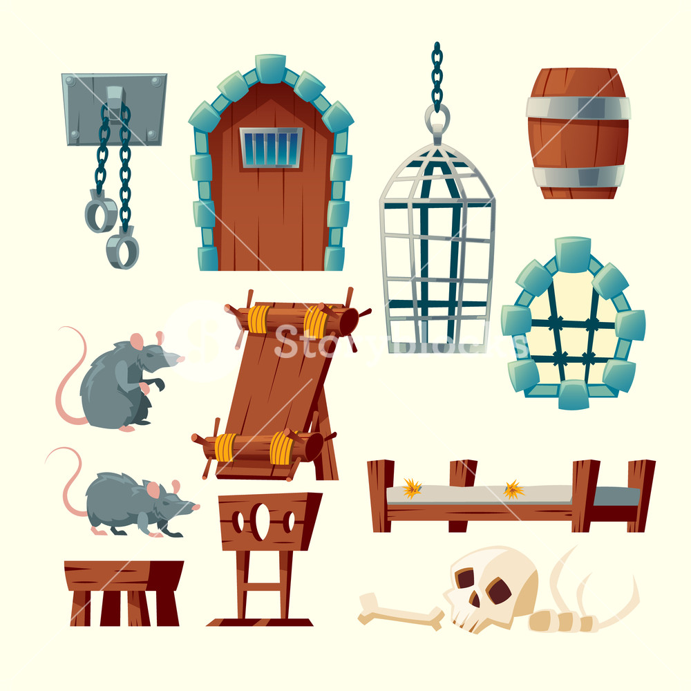 1000x1000 Vector Cartoon Set Of Medieval Prison, Torture Objects