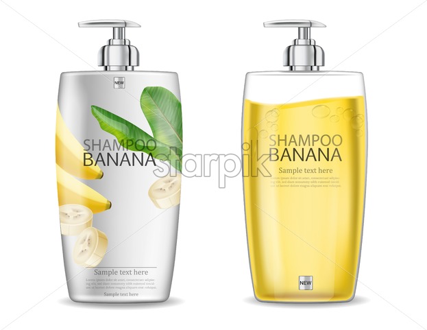 623x481 Banana Shampoo Vector Realistic Mock Up White And Yellow Bottles