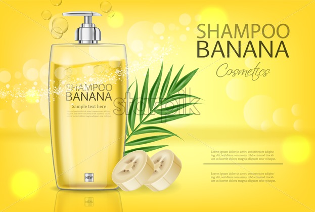 623x419 Banana Shampoo Vector Realistic Mock Up Yellow Bottle Cosmetics