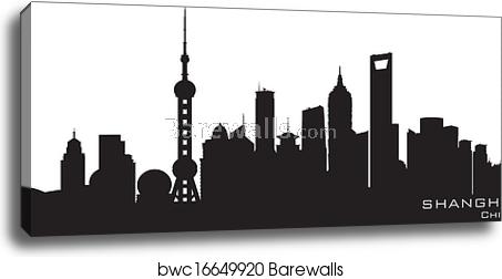 453x252 Shanghai China City Skyline Vector Silhouette, Canvas Print