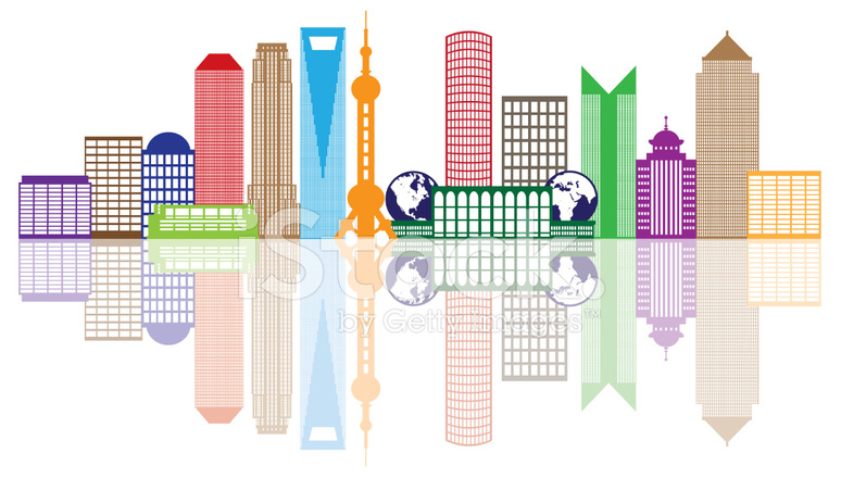 774x440 Shanghai City Skyline Color Outline Vector Illustration Stock