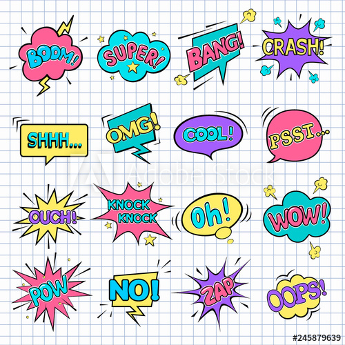 500x500 Comic Speech Bubbles Wow Super Psst Omg! Oops! Cool! Boom