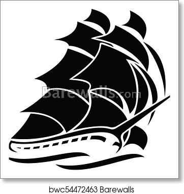 362x382 Old Tall Sailing Ship Vector Graphic Illustration, Art Print